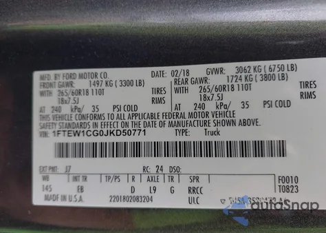 2018 Ford F-150 Lariat z USA, uszkodzony, nr VIN 1FTEW1CG0JKD50771